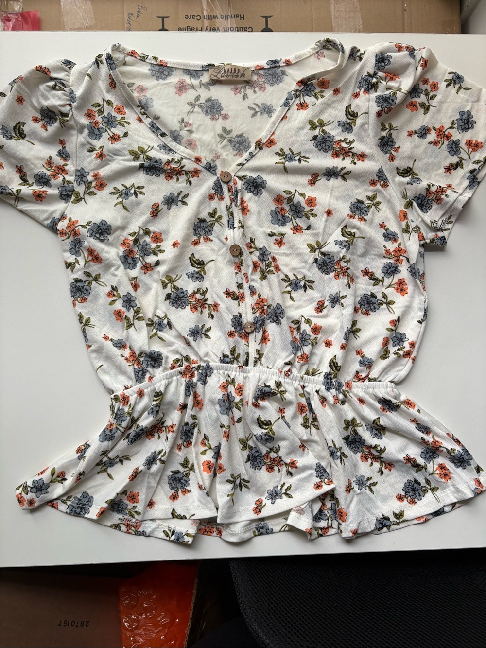 Lavish White Floral Button-Front Peplum Top